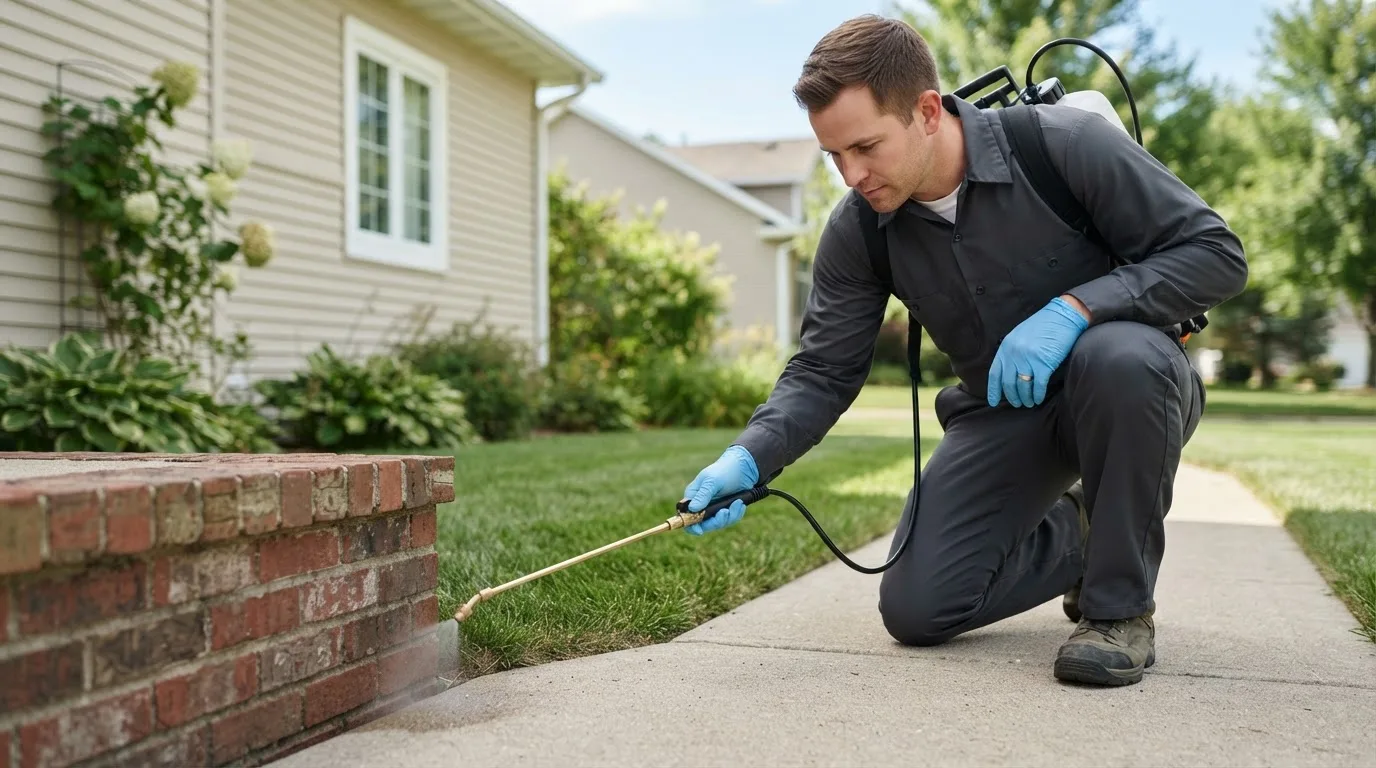 Pest control technician treating a home near Lanark, IL